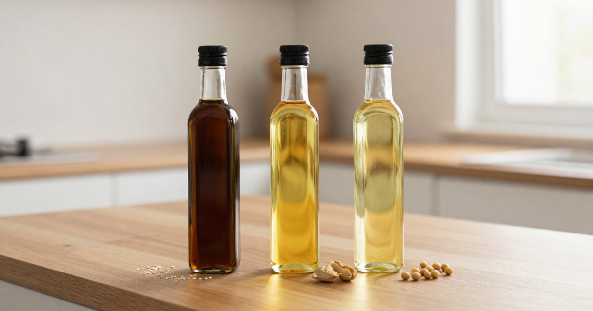 Botellas de aceite de sésamo, maní y soya sobre una superficie de madera con semillas y frutos al frente, mostrando la variedad de aceites Roland para cocinar.