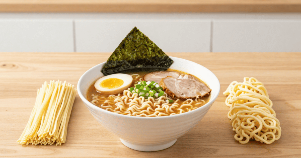 Taza de ramen con huevo y algas